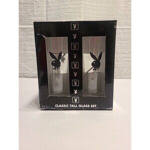 2005 Playboy Bunny Club Black Logo Drinking Glasses Hugh Hefner set 4 12oz